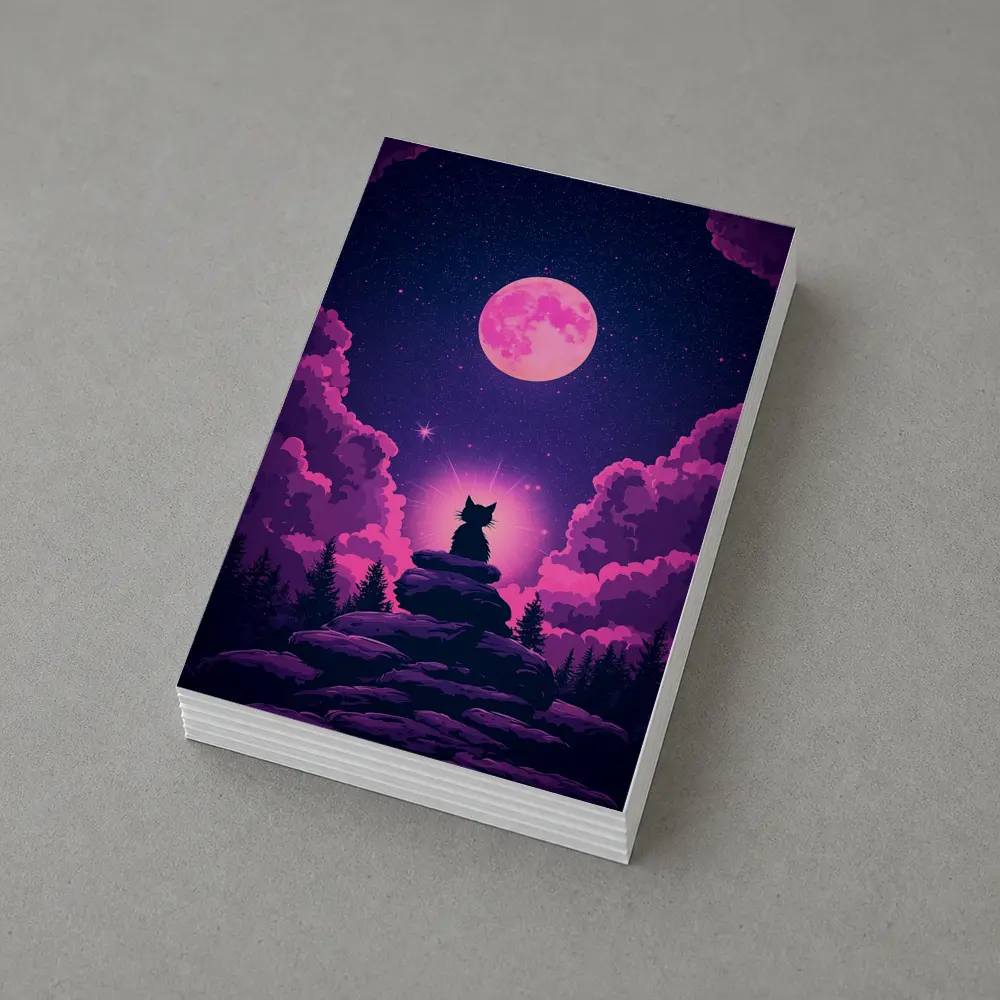 Cat Silhouette Pink Moon Night Sky – Postcards