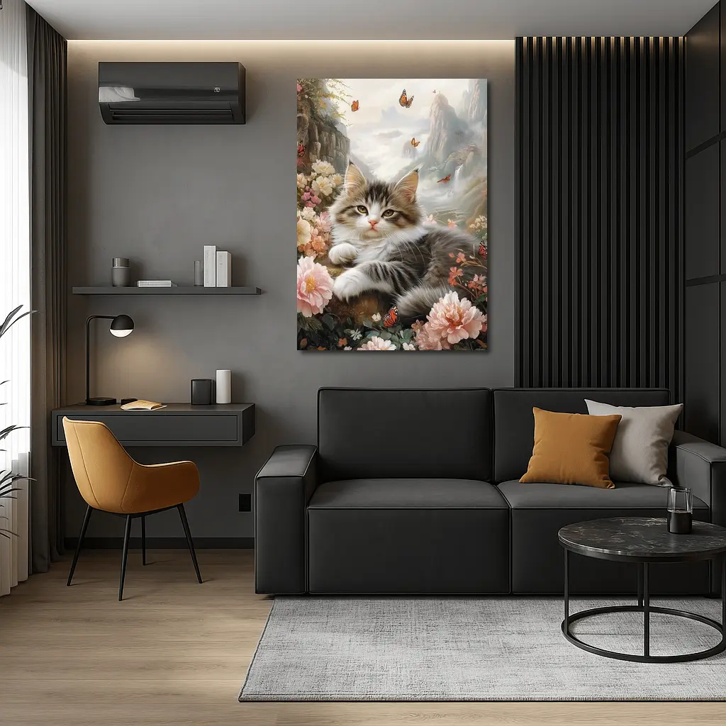Fluffy Kitten With Peonies and Butterflies – Wall Art