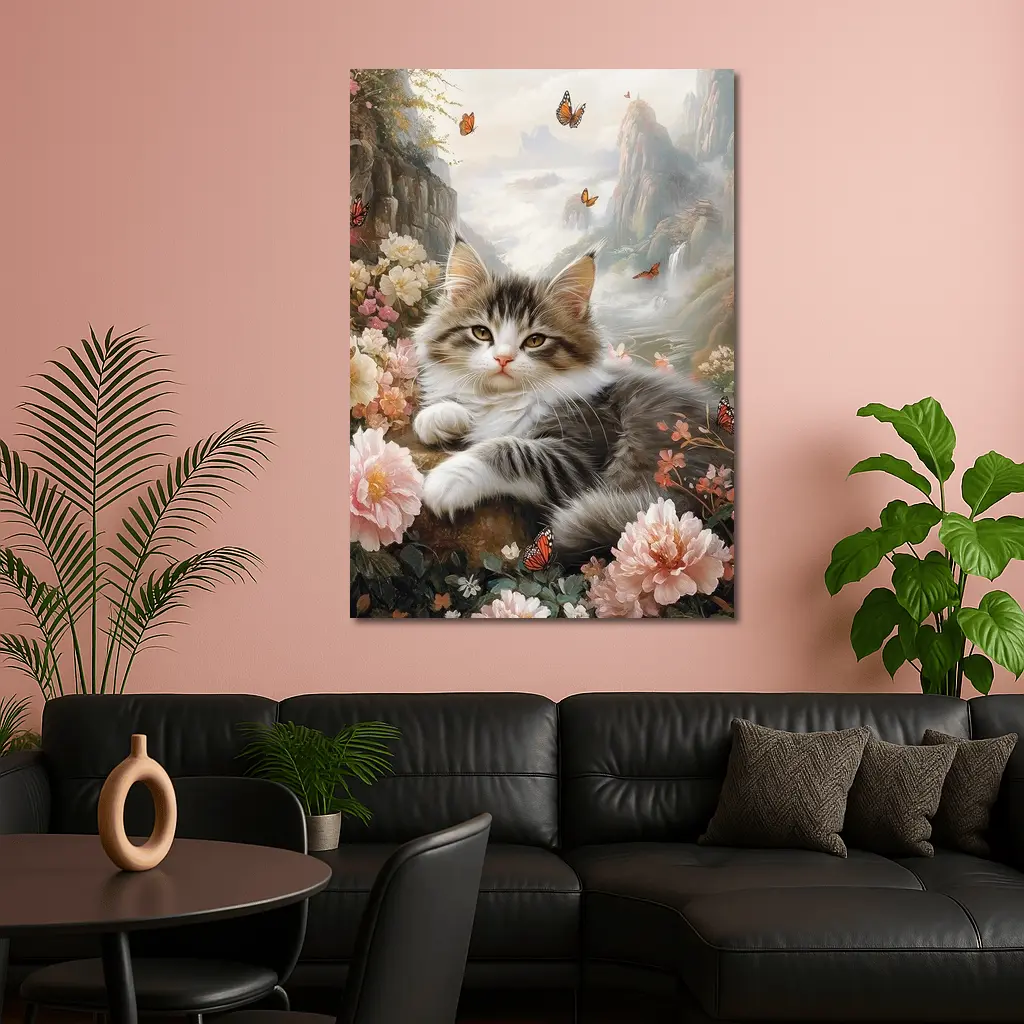 Fluffy Kitten With Peonies and Butterflies – Wall Art