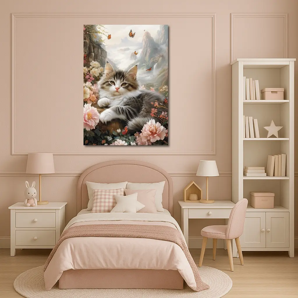 Fluffy Kitten With Peonies and Butterflies – Wall Art