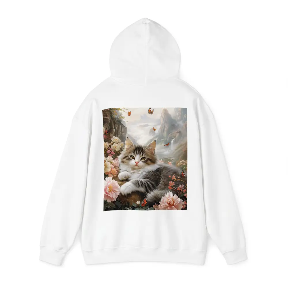 Fluffy Kitten With Peonies and Butterflies – Hoodies