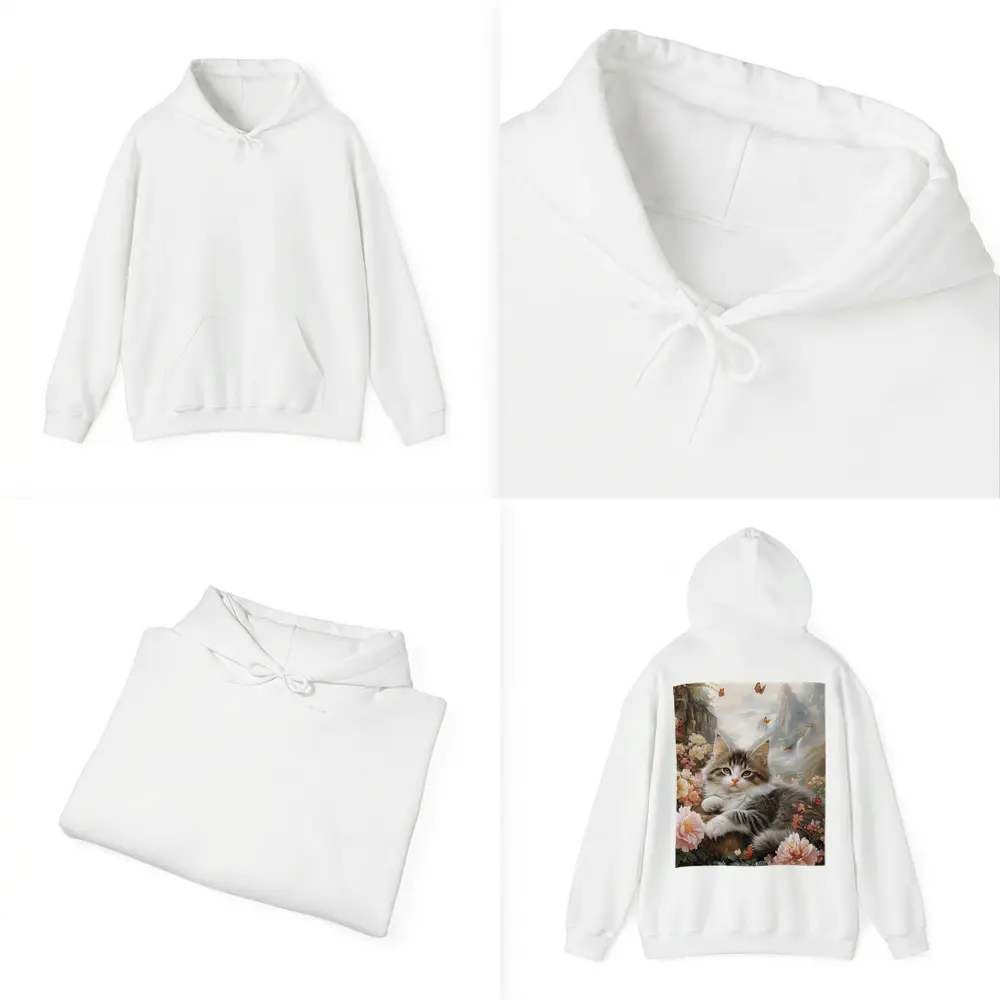 Fluffy Kitten With Peonies and Butterflies – Hoodies