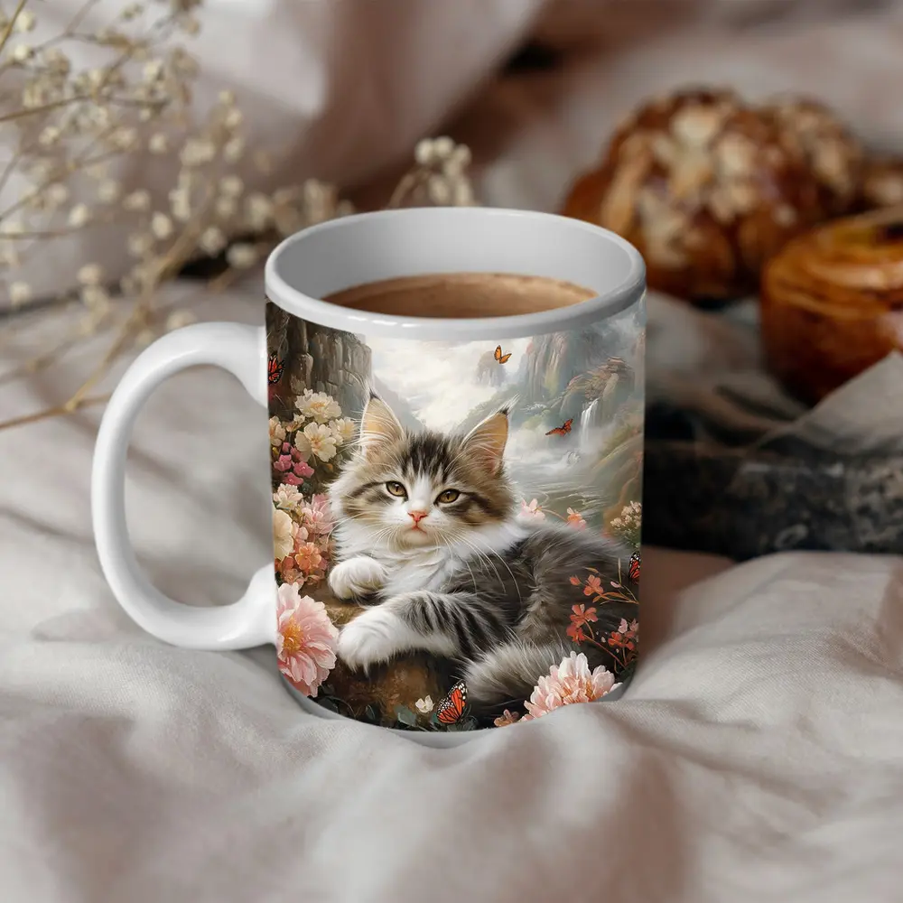 Fluffy Kitten With Peonies and Butterflies – Mugs