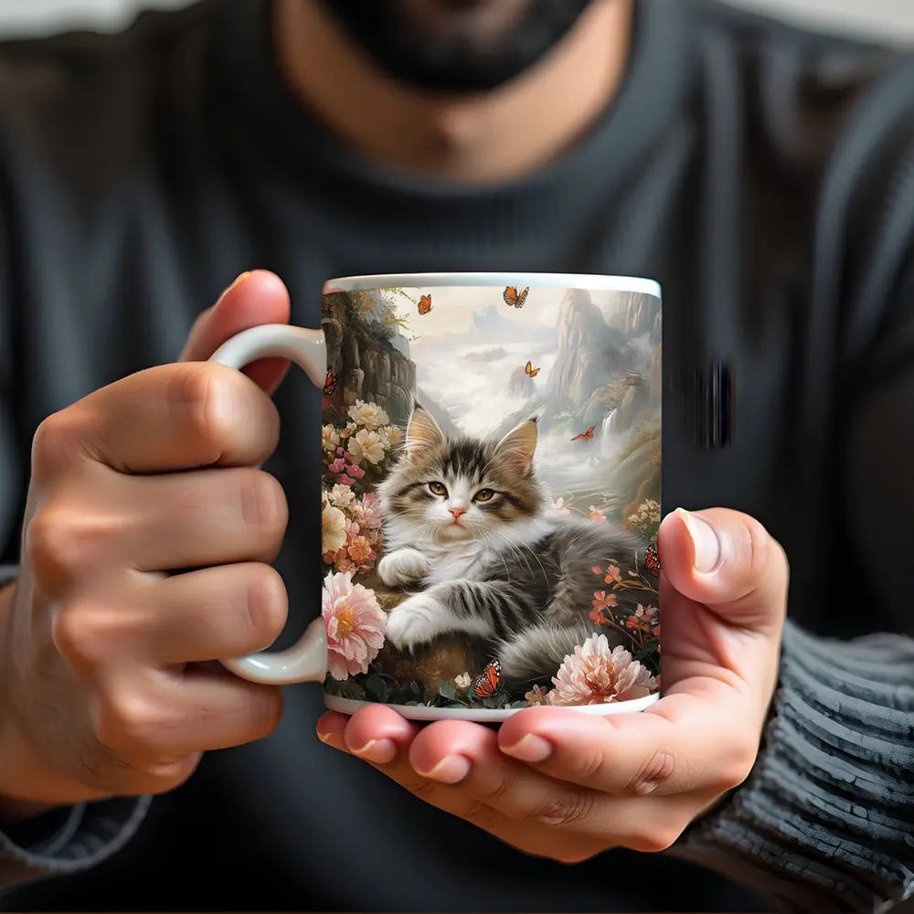 Fluffy Kitten With Peonies and Butterflies – Mugs