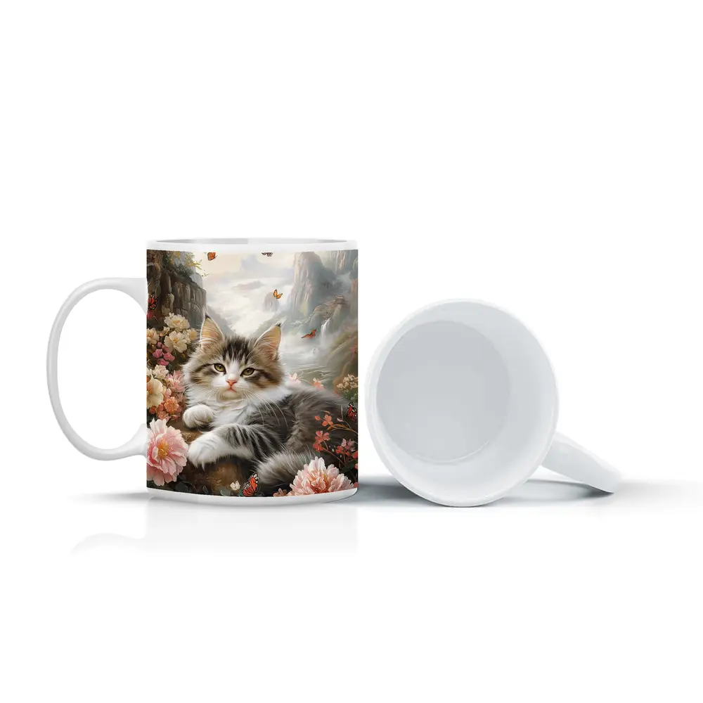 Fluffy Kitten With Peonies and Butterflies – Mugs