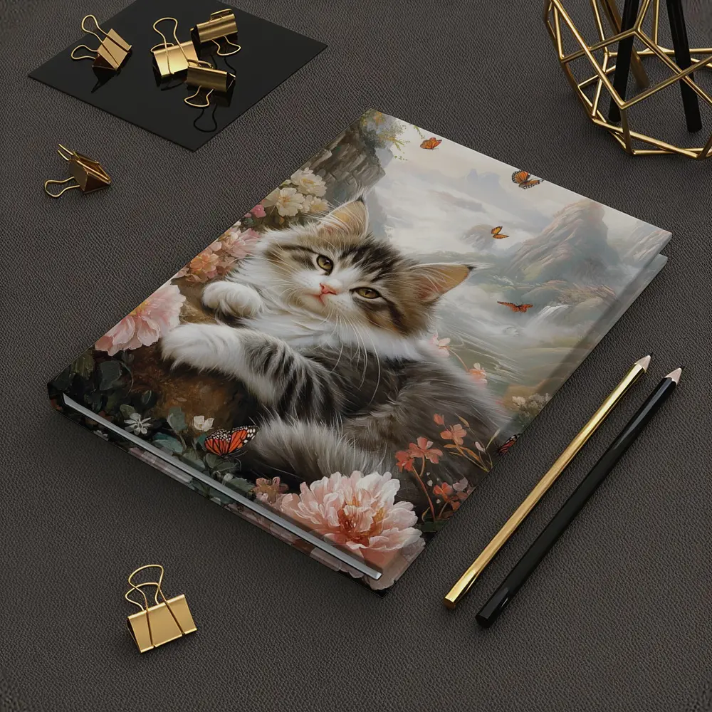 Fluffy Kitten With Peonies and Butterflies – Notebooks
