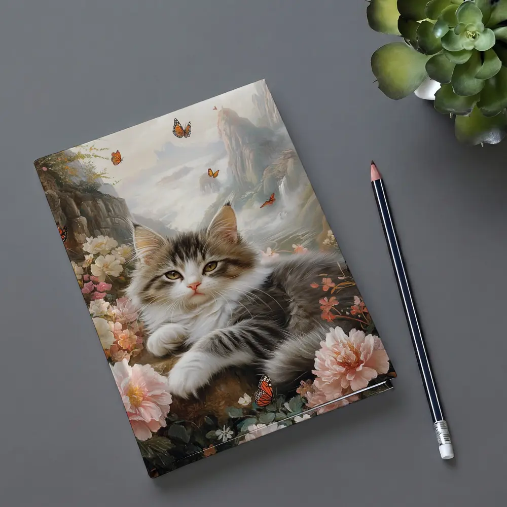 Fluffy Kitten With Peonies and Butterflies – Notebooks