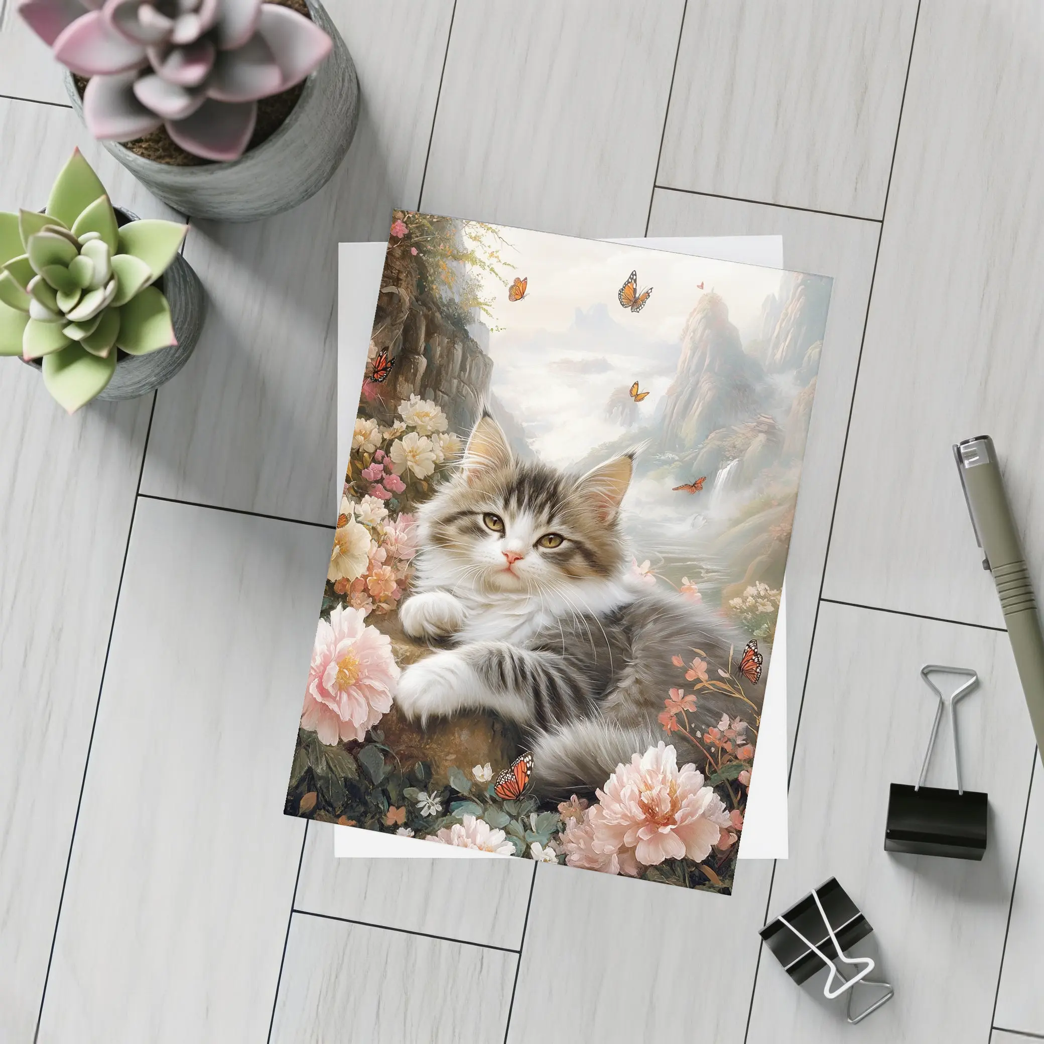 Fluffy Kitten With Peonies and Butterflies – Postcards