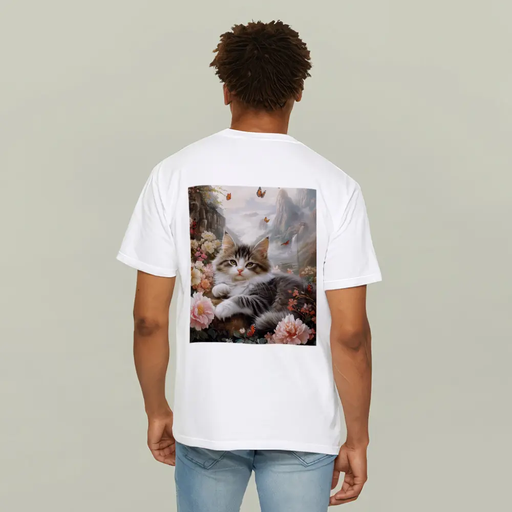 Fluffy Kitten With Peonies and Butterflies – T-Shirts