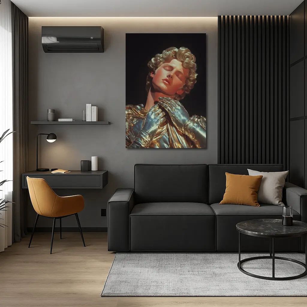 Golden Sculpture Figure Dark Dramatic Background – Wall Art