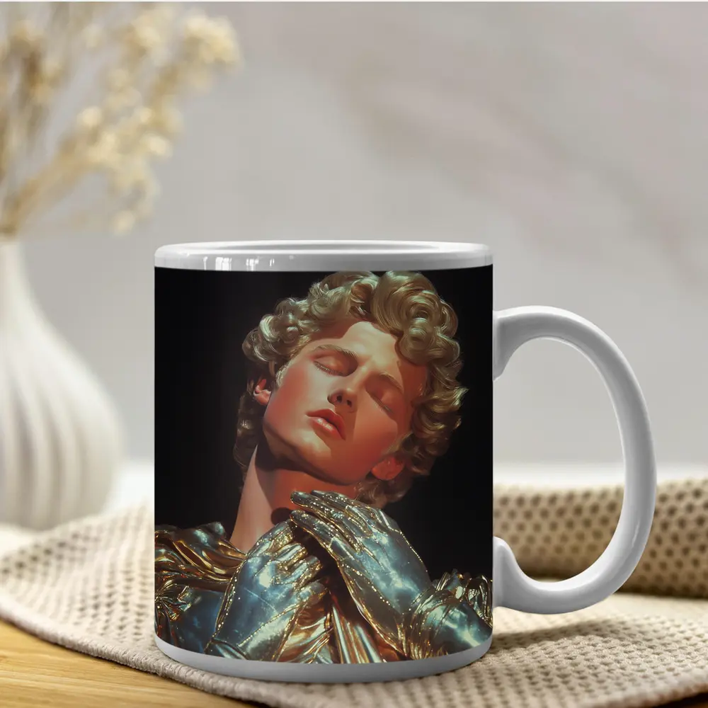 Golden Sculpture Figure Dark Dramatic Background – Mugs