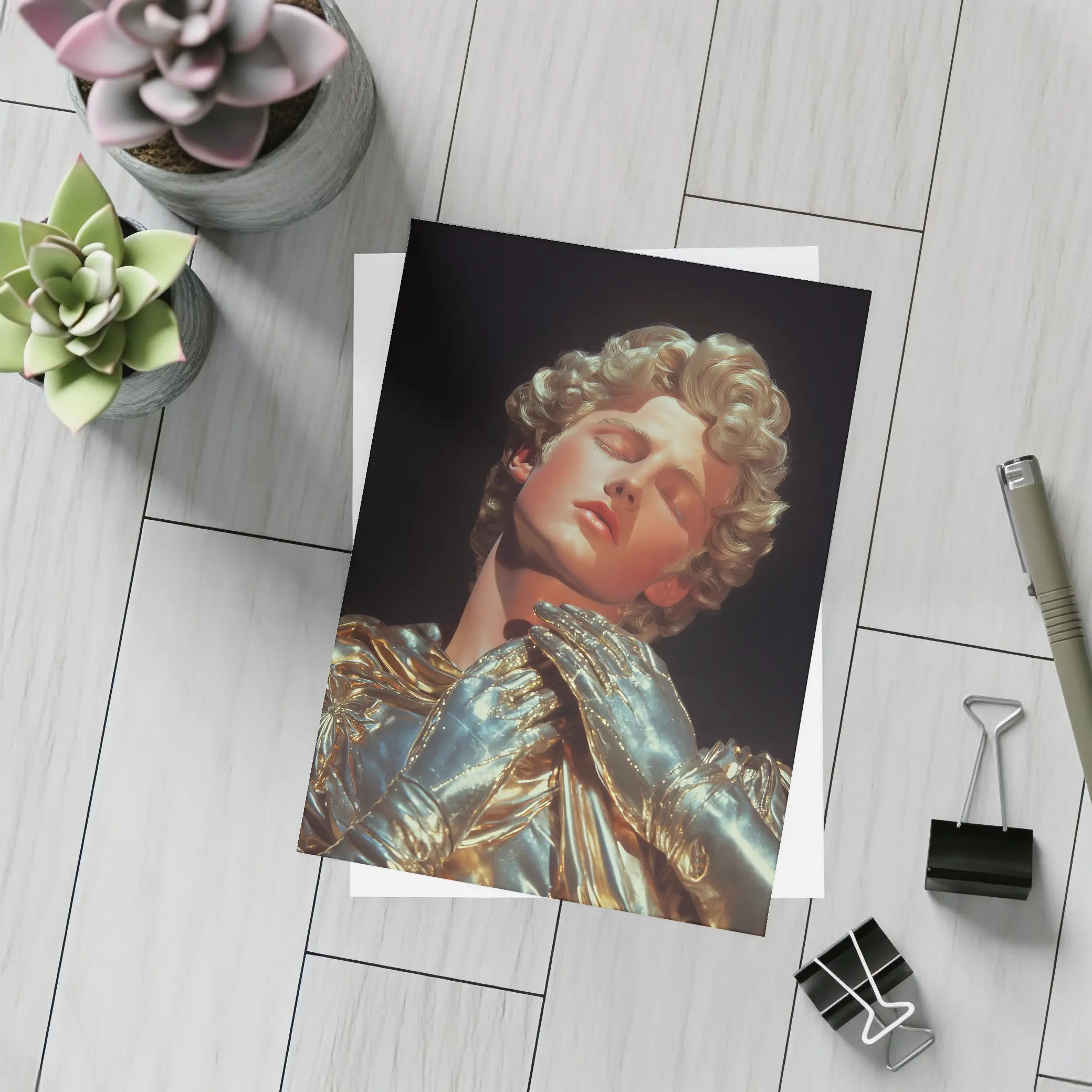 Golden Sculpture Figure Dark Dramatic Background – Postcards