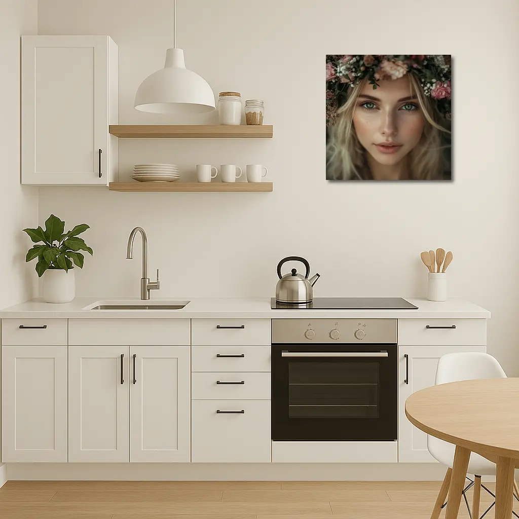 Blonde Woman Floral Crown Pink Flowers Portrait – Wall Art