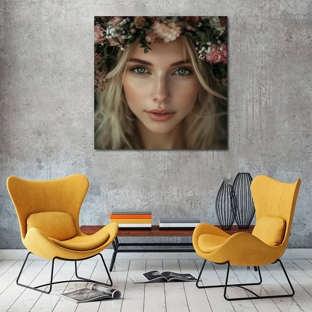 Blonde Woman Floral Crown Pink Flowers Portrait – Wall Art