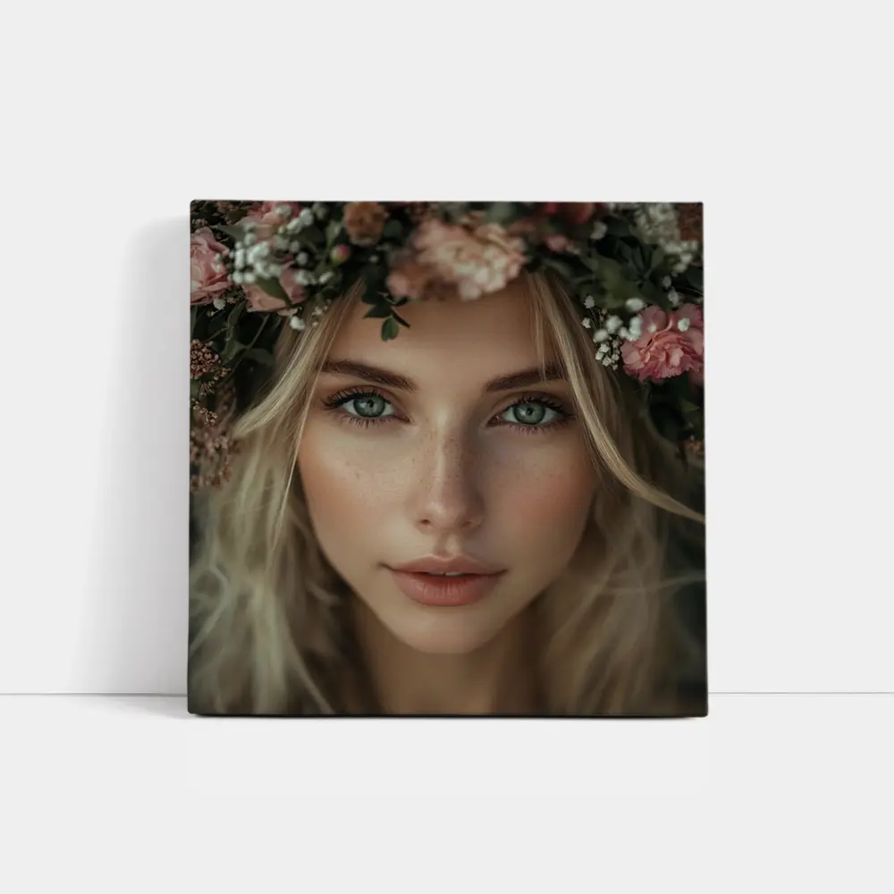 Blonde Woman Floral Crown Pink Flowers Portrait – Wall Art