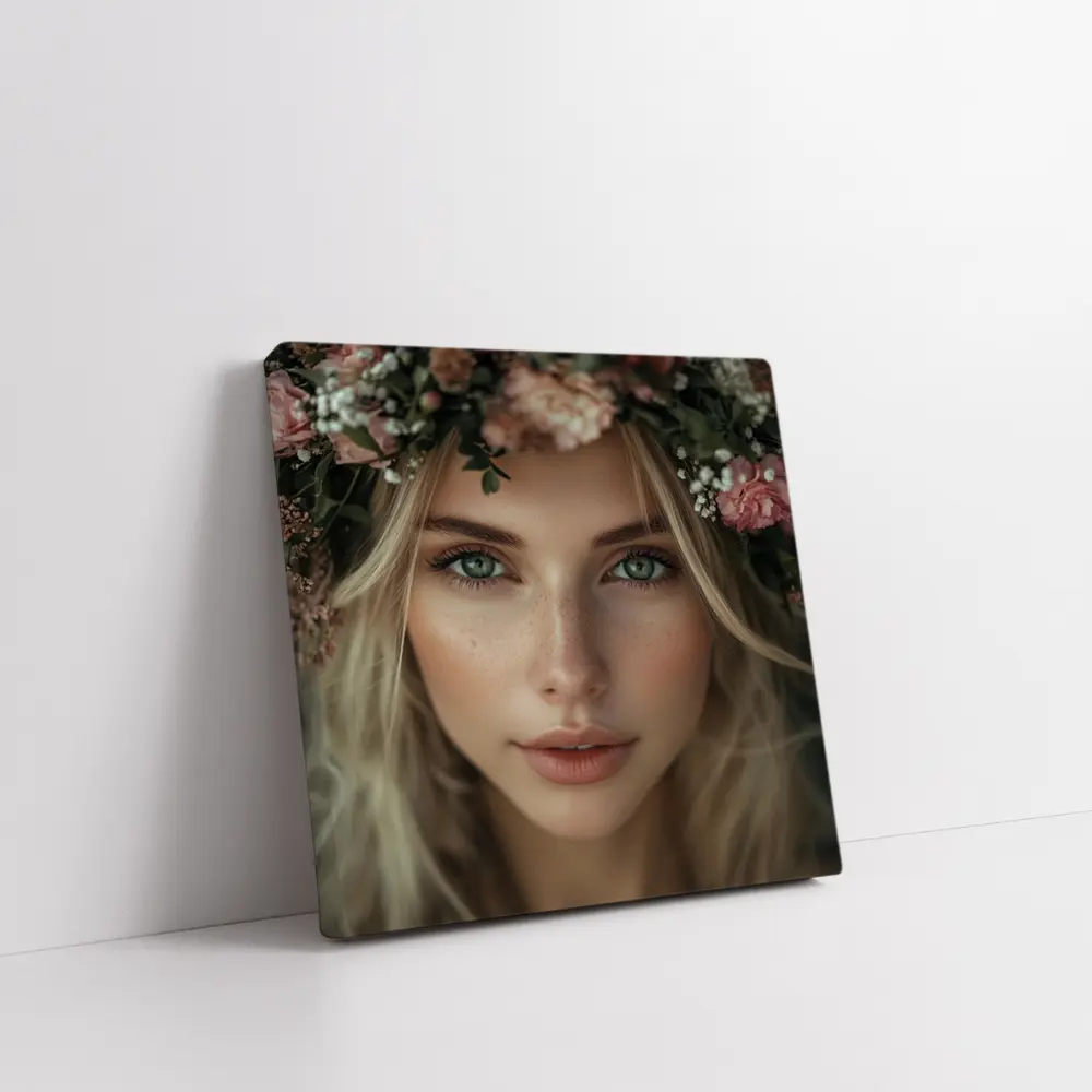 Blonde Woman Floral Crown Pink Flowers Portrait – Wall Art