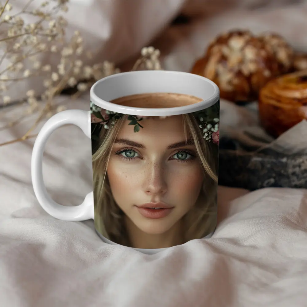 Blonde Woman Floral Crown Pink Flowers Portrait – Mugs
