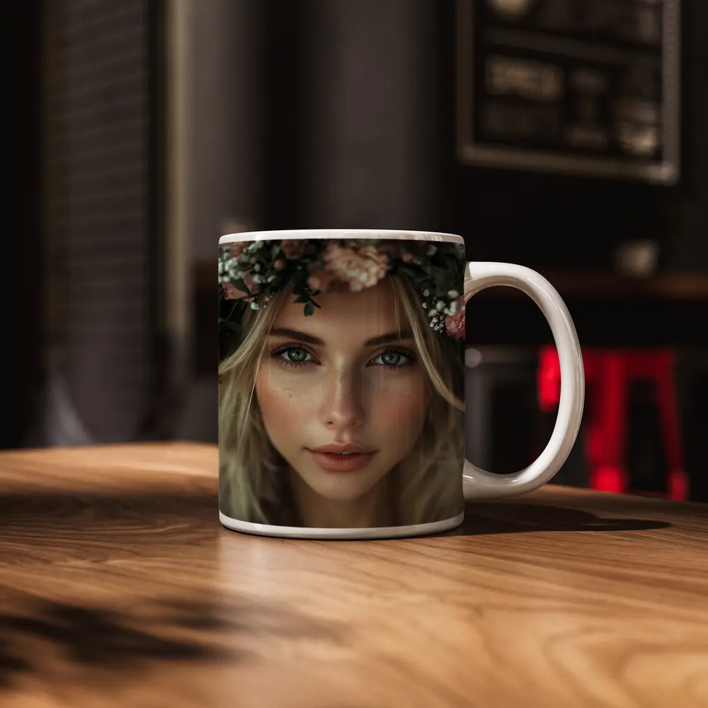 Blonde Woman Floral Crown Pink Flowers Portrait – Mugs