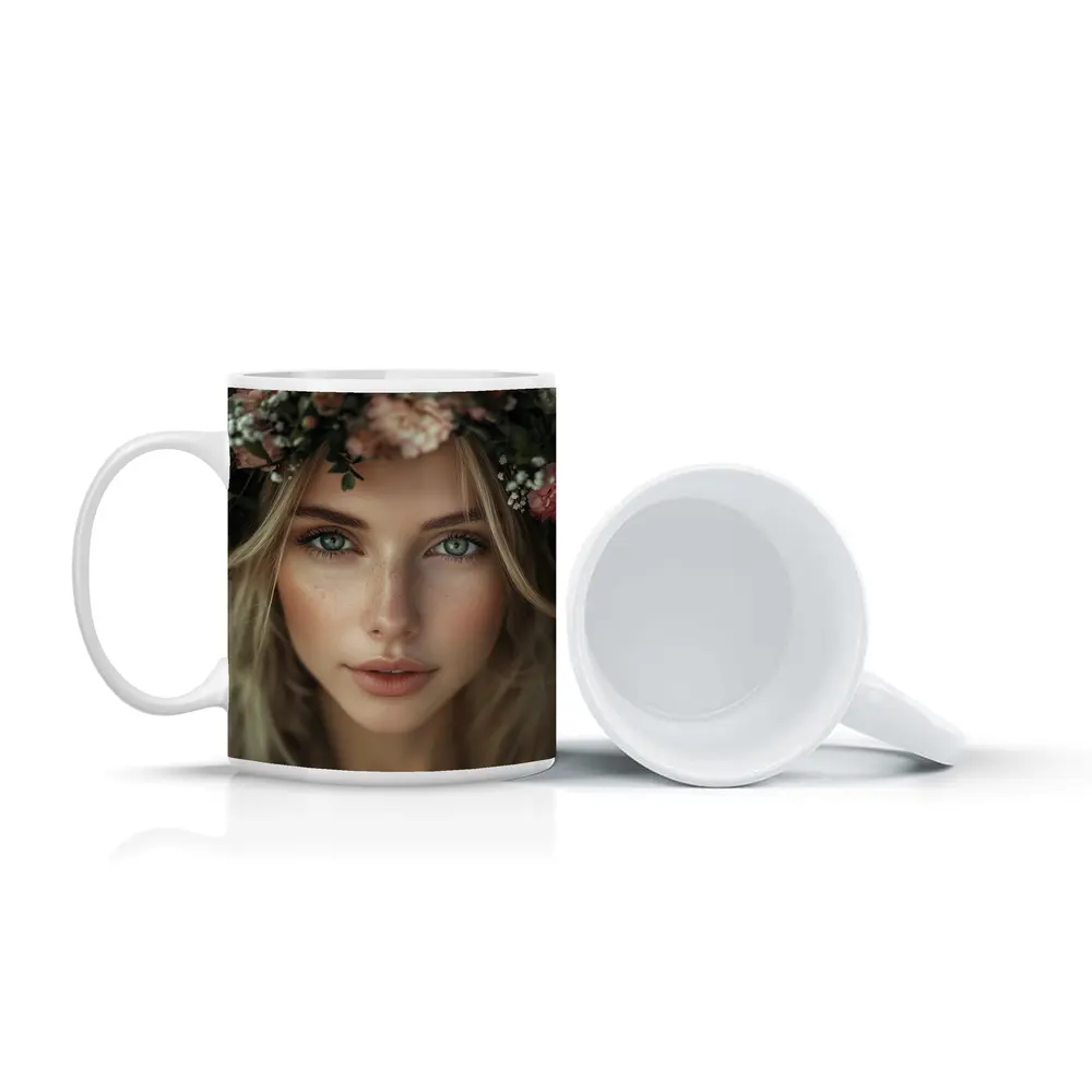 Blonde Woman Floral Crown Pink Flowers Portrait – Mugs
