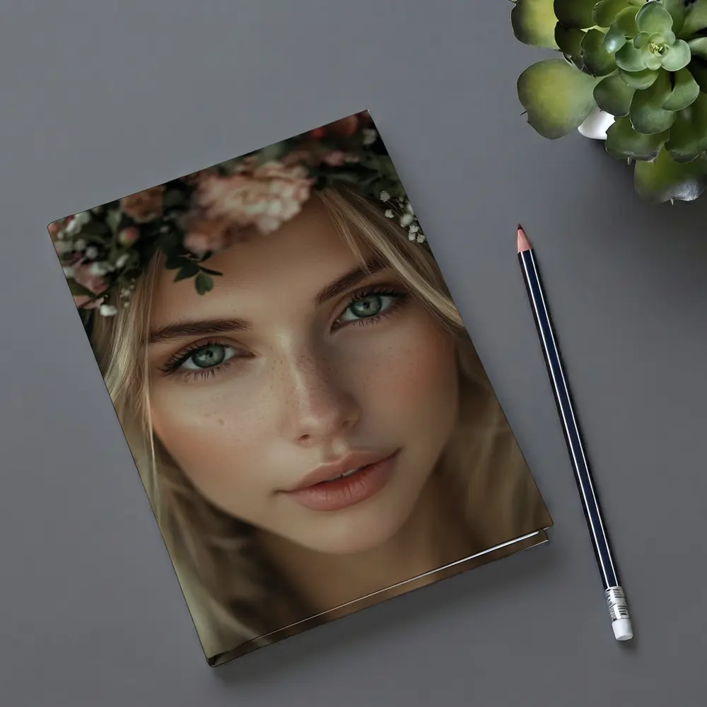 Blonde Woman Floral Crown Pink Flowers Portrait – Notebooks