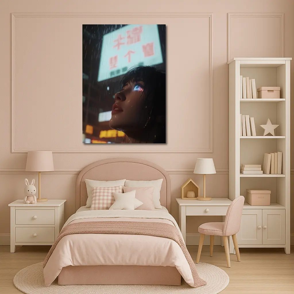 Cyberpunk Woman Rain Neon City Night – Wall Art
