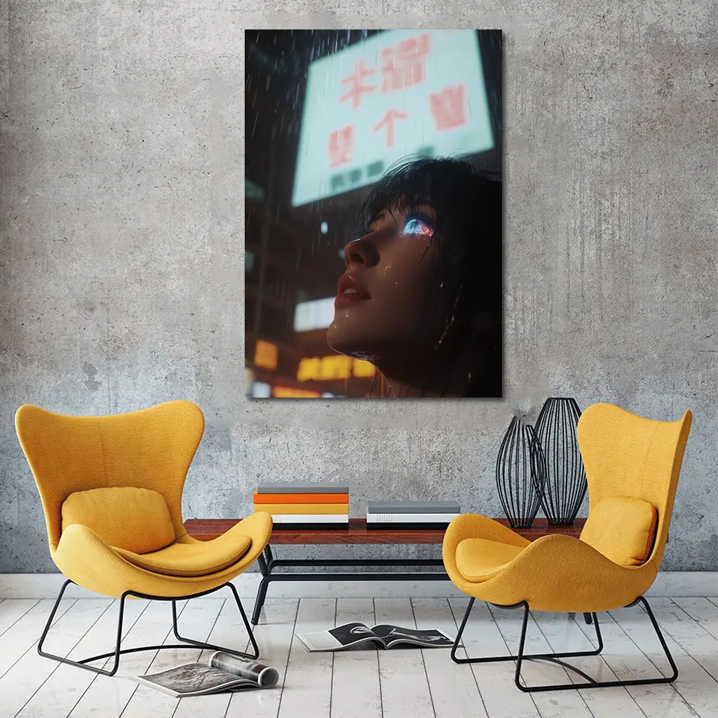 Cyberpunk Woman Rain Neon City Night – Wall Art