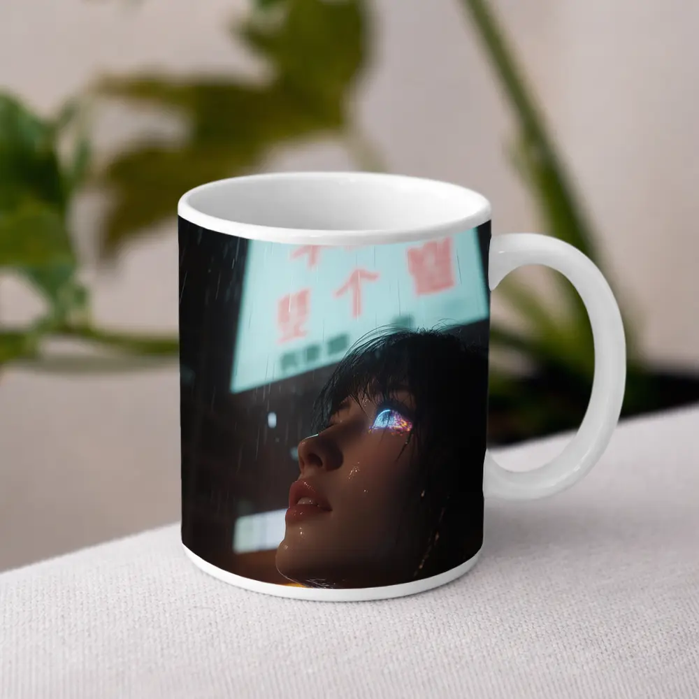 Cyberpunk Woman Rain Neon City Night – Mugs