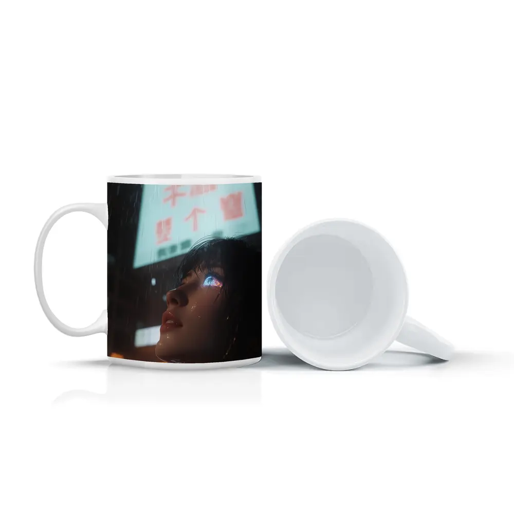 Cyberpunk Woman Rain Neon City Night – Mugs