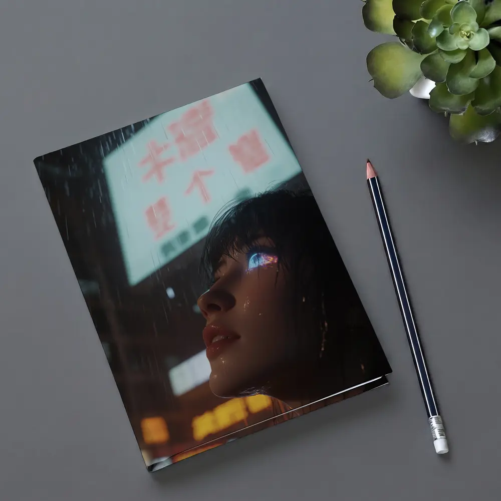 Cyberpunk Woman Rain Neon City Night – Notebooks