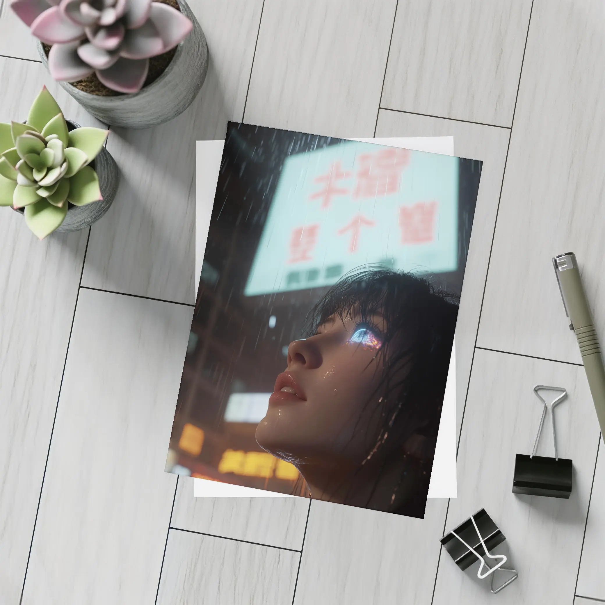 Cyberpunk Woman Rain Neon City Night – Postcards
