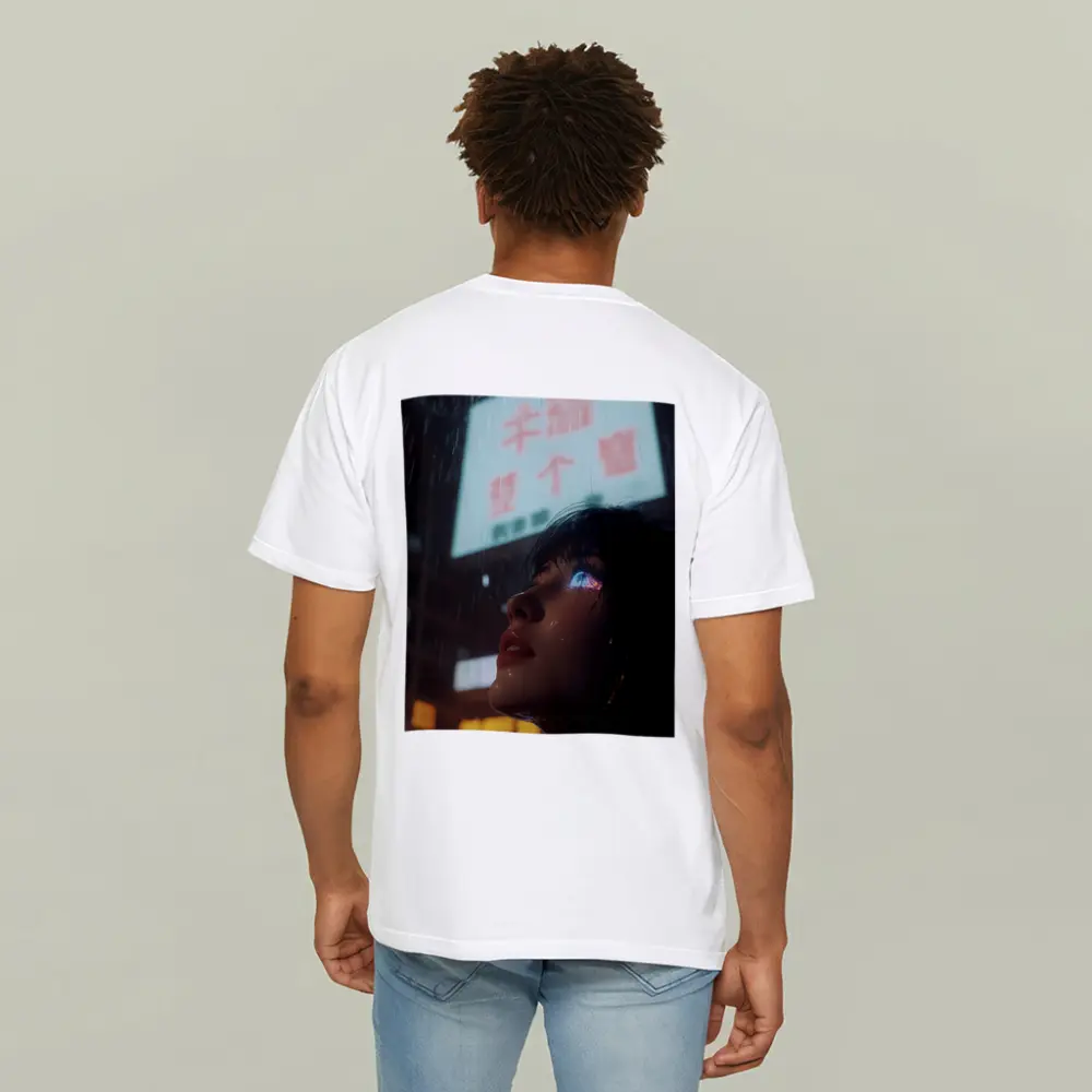 Cyberpunk Woman Rain Neon City Night – T-Shirts