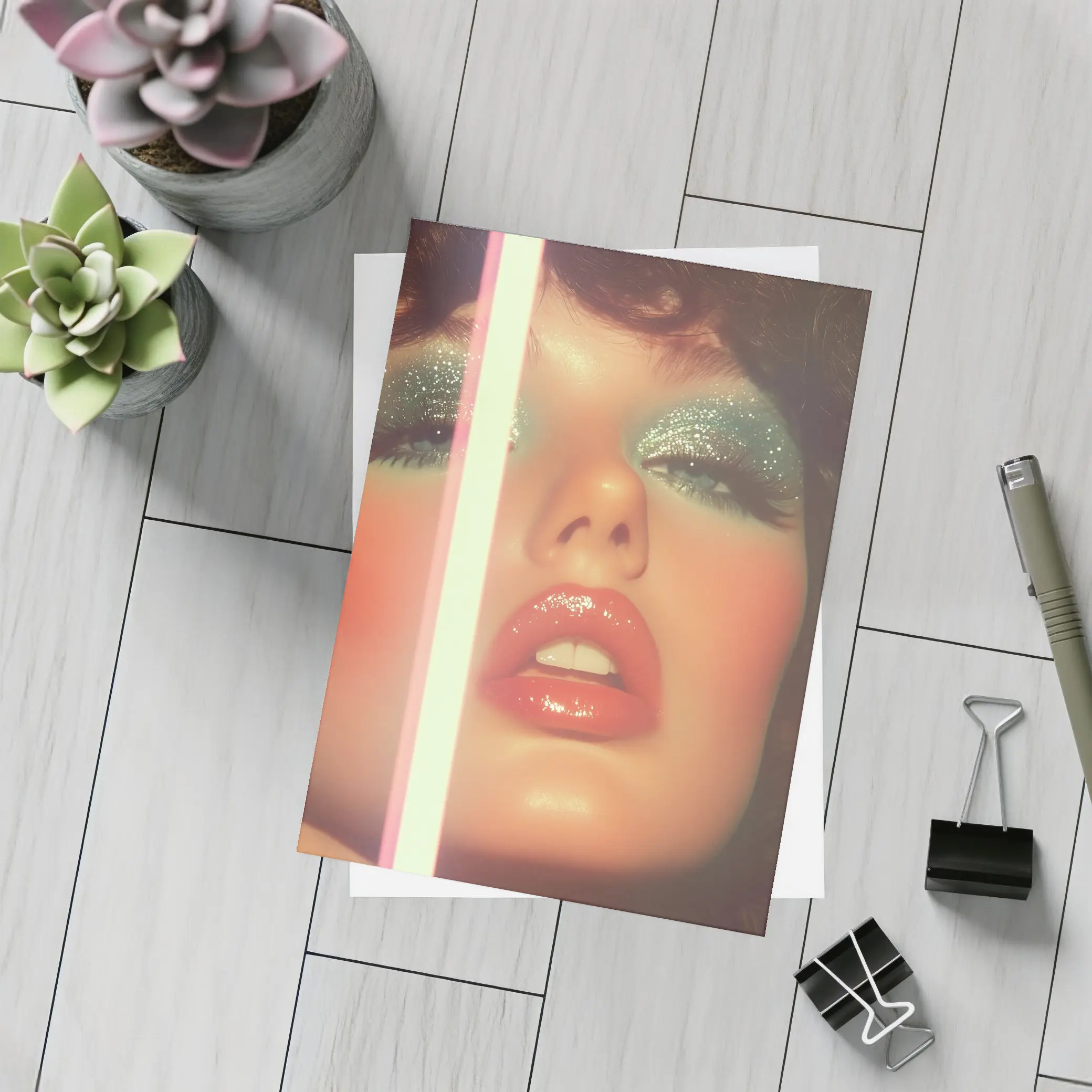Glitter Eyeshadow Bold Lips Retro Makeup Portrait – Postcards
