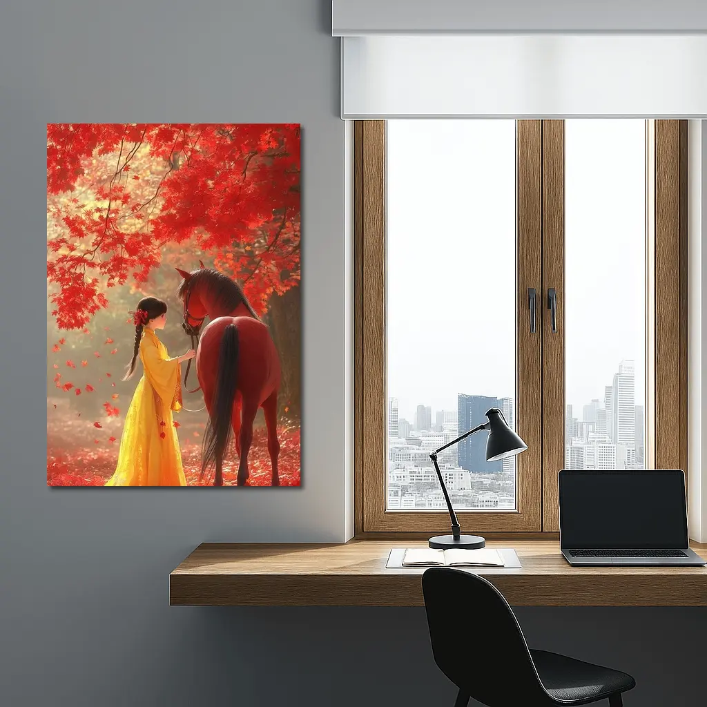 Girl in Yellow Dress with Horse Autumn – Wall Art