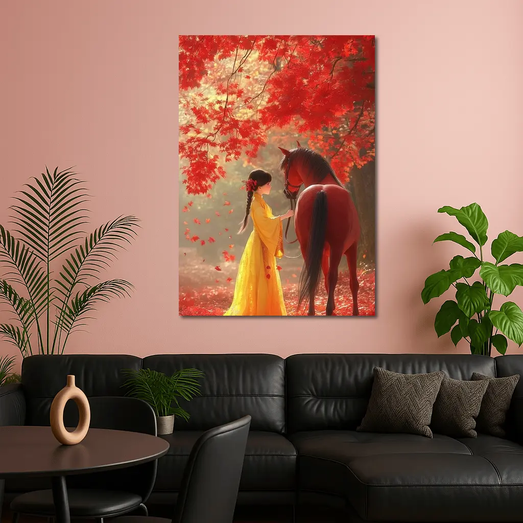 Girl in Yellow Dress with Horse Autumn – Wall Art
