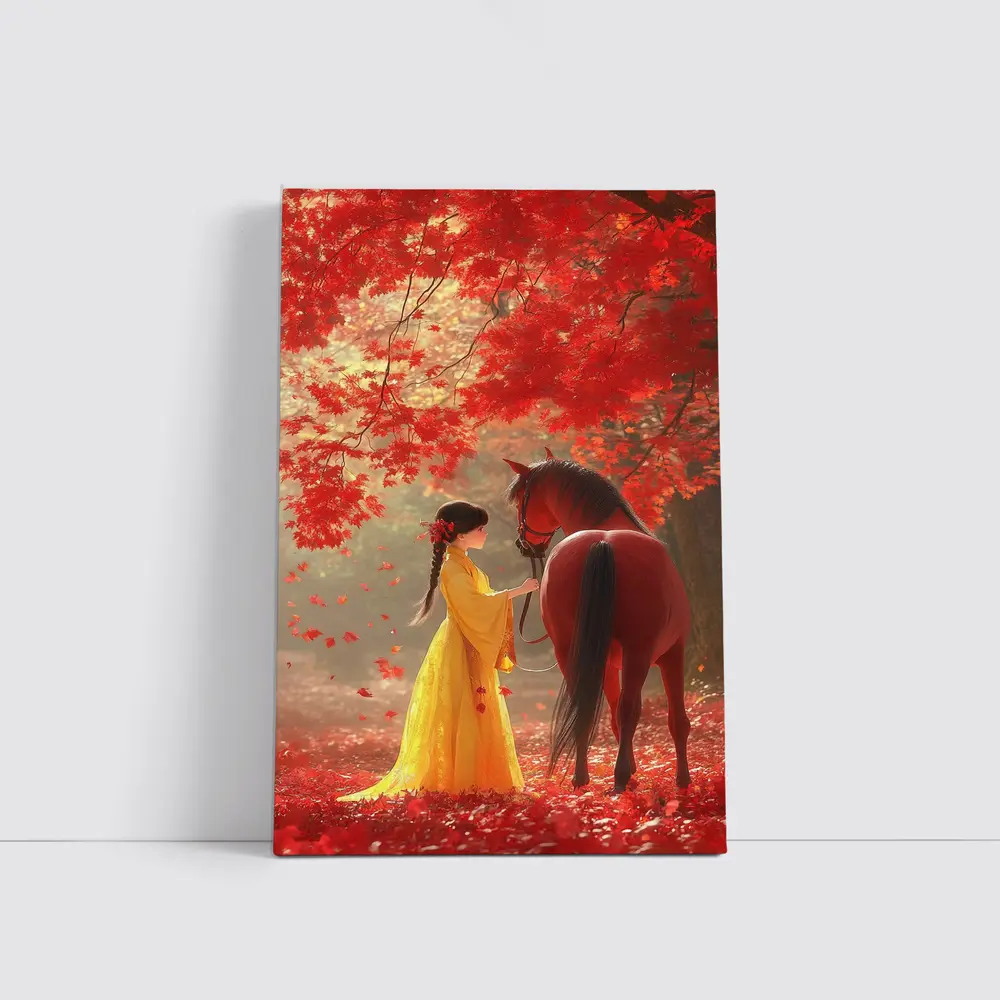 Girl in Yellow Dress with Horse Autumn – Wall Art