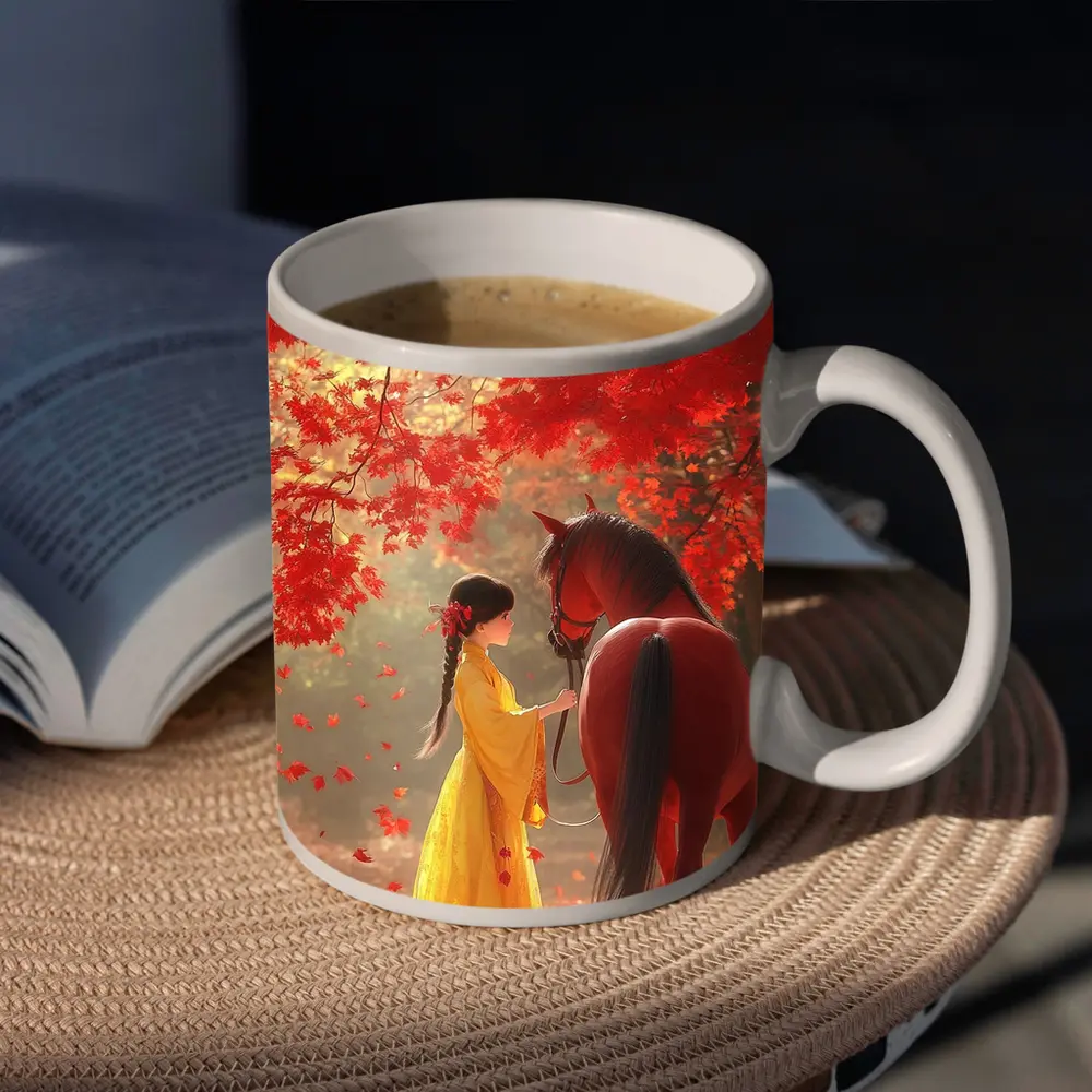 Girl in Yellow Dress with Horse Autumn – Mugs