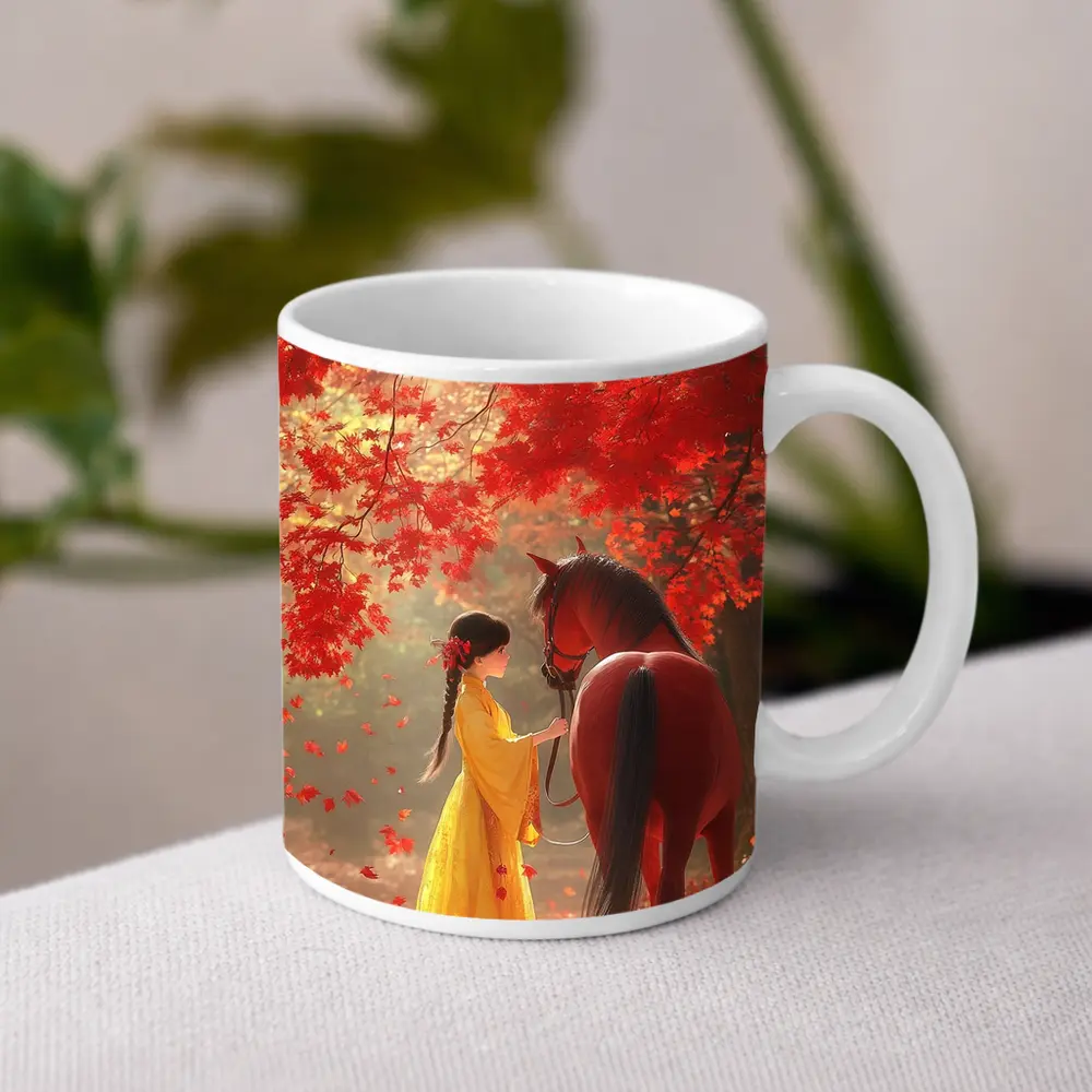 Girl in Yellow Dress with Horse Autumn – Mugs