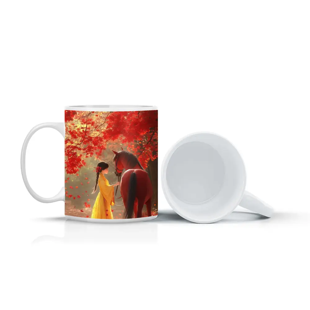 Girl in Yellow Dress with Horse Autumn – Mugs