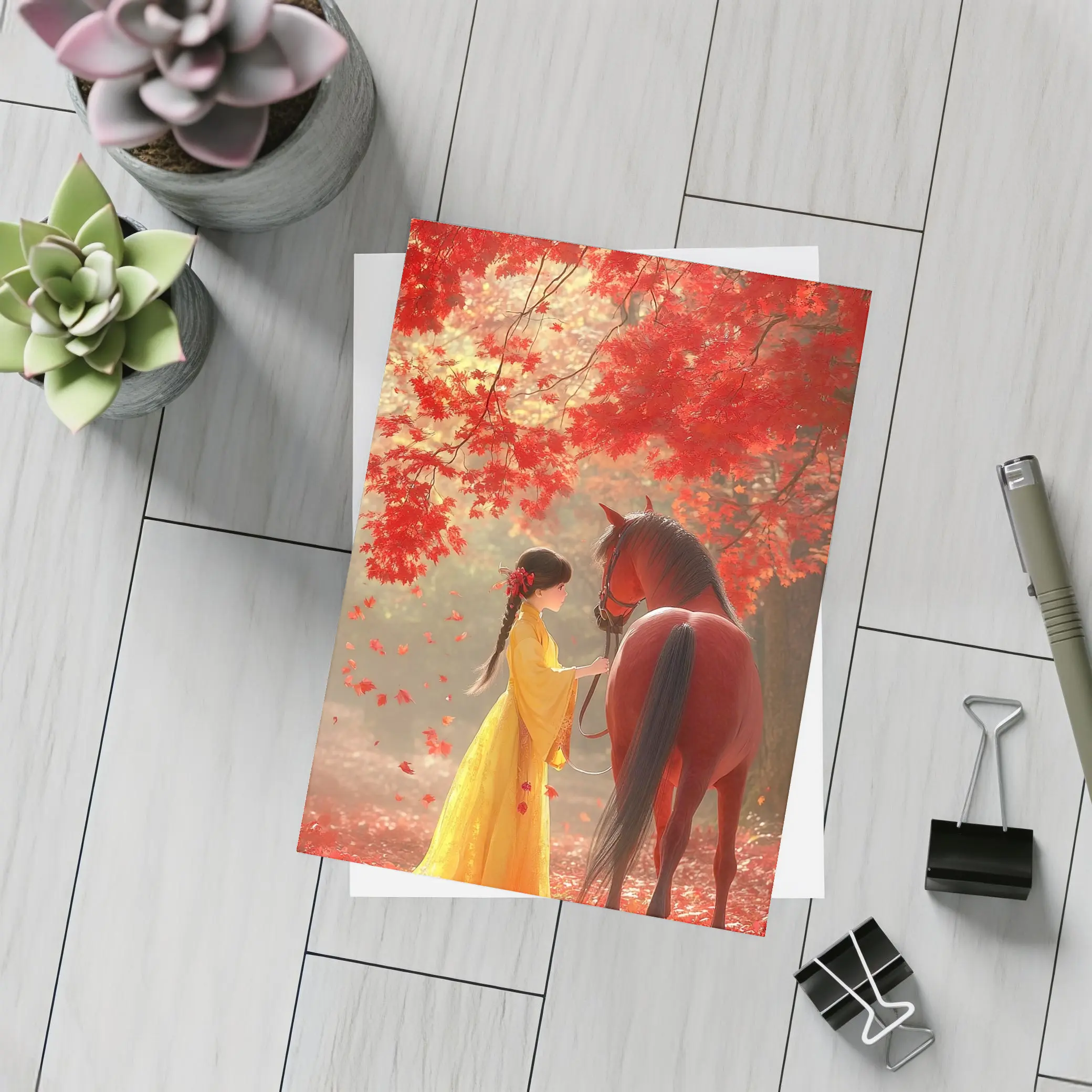 Girl in Yellow Dress with Horse Autumn – Postcards