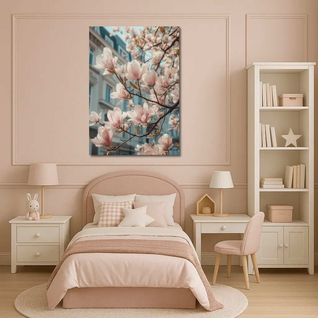 Pink Magnolia Blossoms Against City Buildings – Wall Art