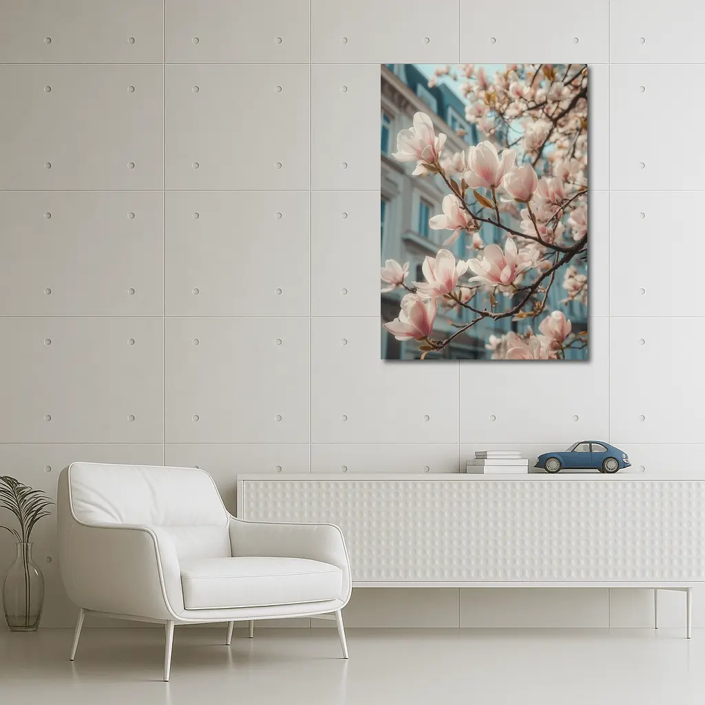 Pink Magnolia Blossoms Against City Buildings – Wall Art