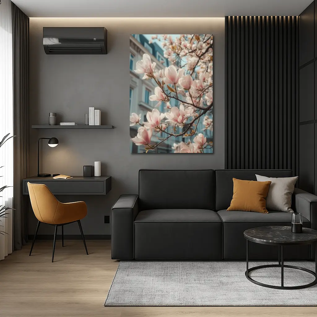 Pink Magnolia Blossoms Against City Buildings – Wall Art