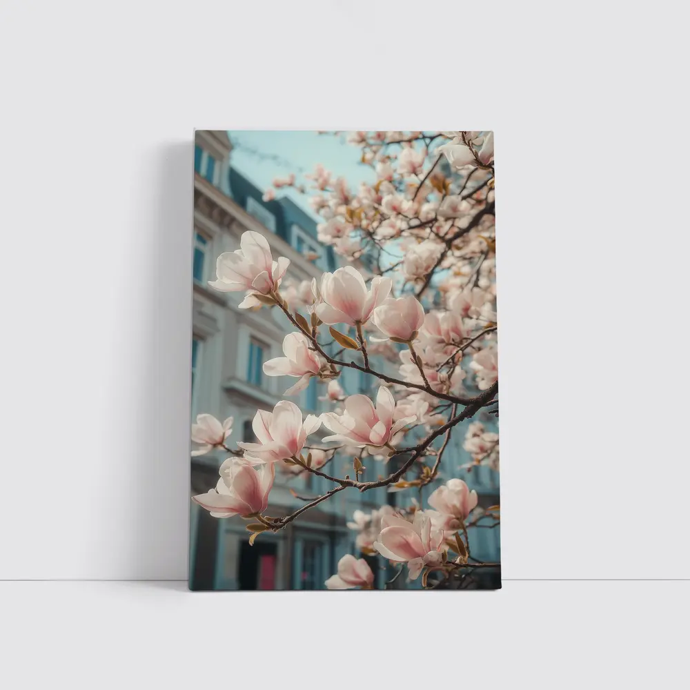 Pink Magnolia Blossoms Against City Buildings – Wall Art