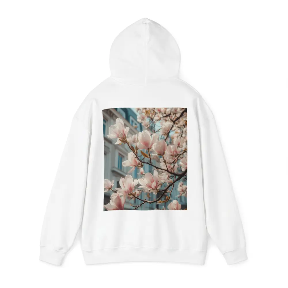 Pink Magnolia Blossoms Against City Buildings – Hoodies