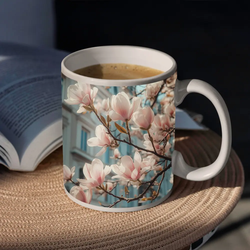 Pink Magnolia Blossoms Against City Buildings – Mugs