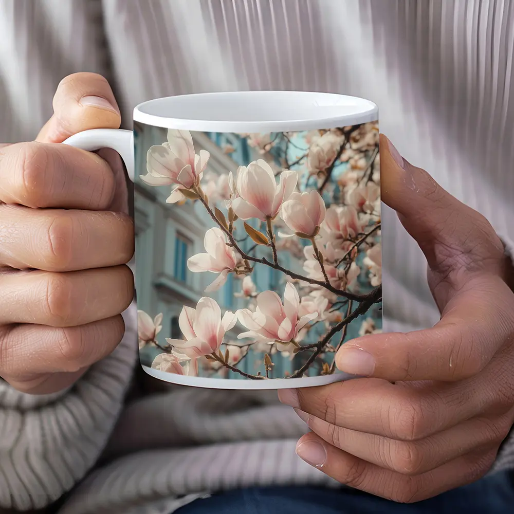 Pink Magnolia Blossoms Against City Buildings – Mugs