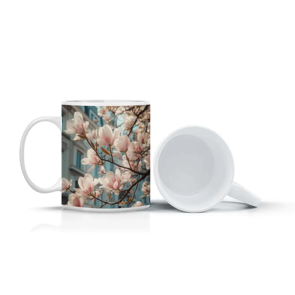 Pink Magnolia Blossoms Against City Buildings – Mugs