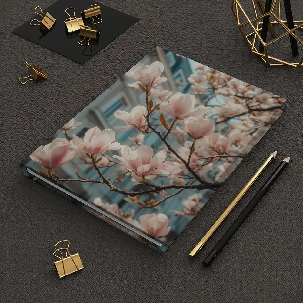 Pink Magnolia Blossoms Against City Buildings – Notebooks