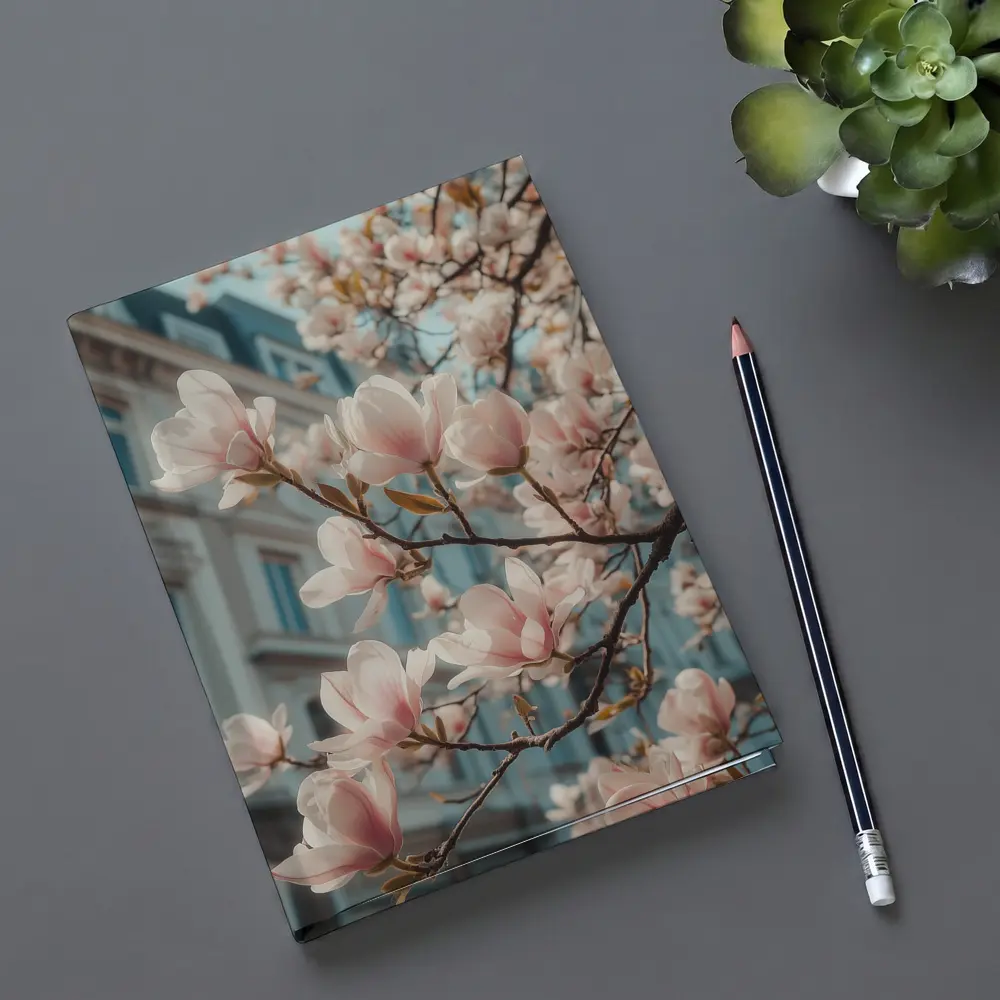 Pink Magnolia Blossoms Against City Buildings – Notebooks