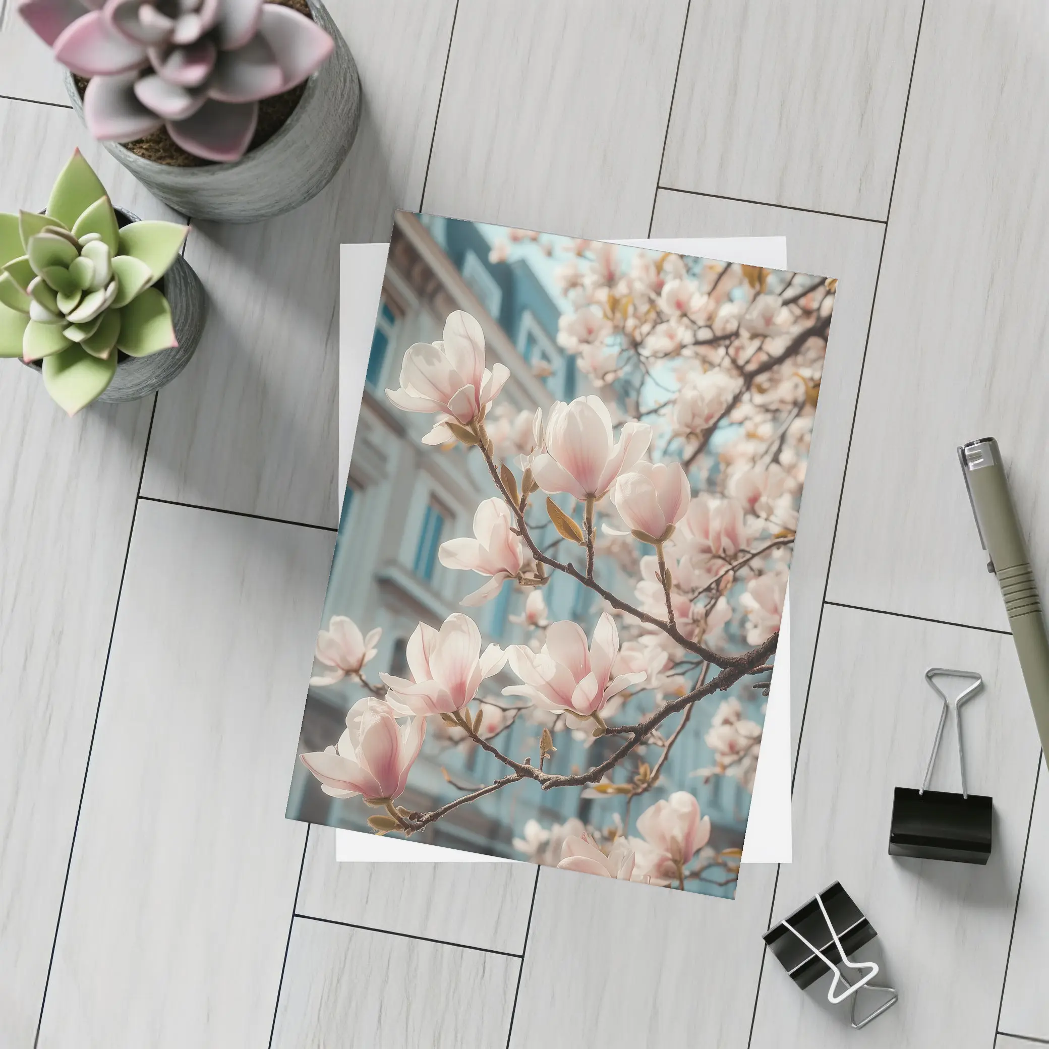 Pink Magnolia Blossoms Against City Buildings – Postcards